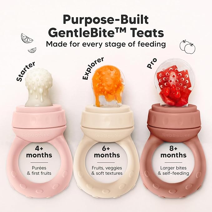 KeaBabies Baby Fruit Feeder 2pk - Silicone Baby Food Feeder for Babies 6-12 Months, Breast Milk Popsicle Teether, Weaning, Pacifier, Freeze Frozen Solid Food, Infant Feeding Essential (Mist Rose)