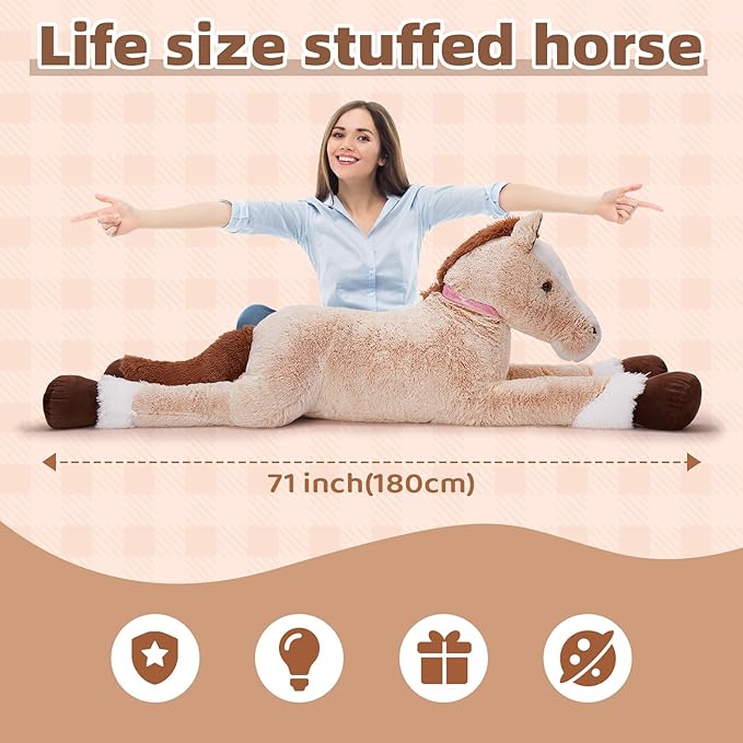 Tezituor 71inches Lifesize Horse Stuffed Animal, 6ft Ride Realistic Stuffed Horse Plush Toy for Boys Girls, Hugging Soft Pony Plush Body Pillow for Kids Adult