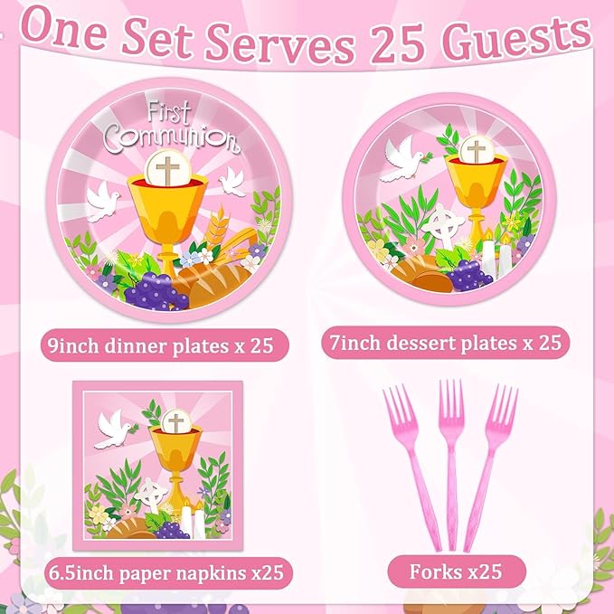 100 Pcs First Communion Plates and Napkins Baptism Decorations for Girl 1st Holy Communion Party Pink Disposable Paper Tableware for God Bless Christening Celebration Decor Baby Shower Serves 25