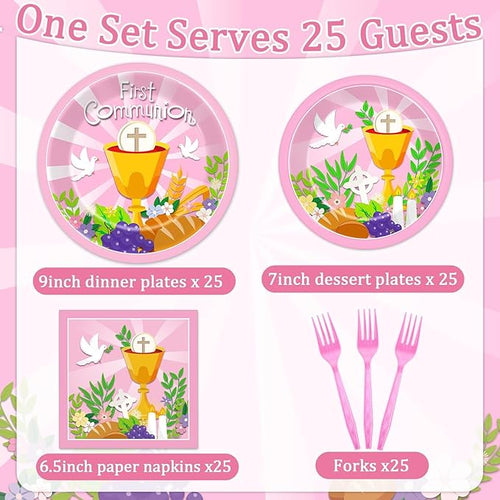 100 Pcs First Communion Plates and Napkins Baptism Decorations for Girl 1st Holy Communion Party Pink Disposable Paper Tableware for God Bless Christening Celebration Decor Baby Shower Serves 25