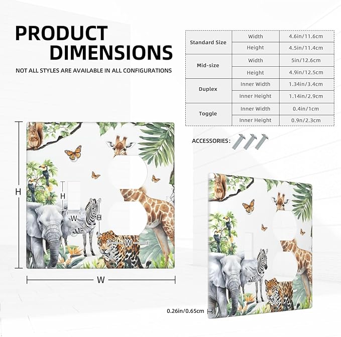 Elephant Giraffe Jungle Animals Leopard Zoo Wallplates 1 Toggle 1 Duplex Switch Plate Electrical GFCI Faceplate Decorative Light Switch Covers for Kids Room Nursery Decor