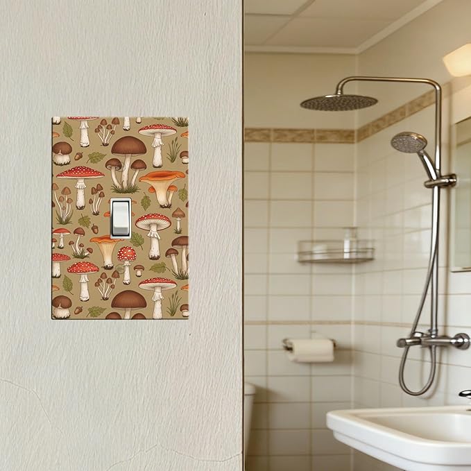 Whimsical Mycology 1-Gang Toggle Light Switch Plate, Vintage Mushroom Woodland Medley Decorative Wall Plate for Farmhouse Home Decor
