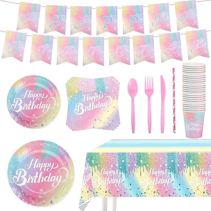 Rainbow Birthday Disposable Dinnerware Sets,Pink Birthday Party Supplies Plates Glitter Diamond Plates,Rose Gold Disposable Tableware Sets Girls Party Plates with Tablecloth Cup Banner Serve 24