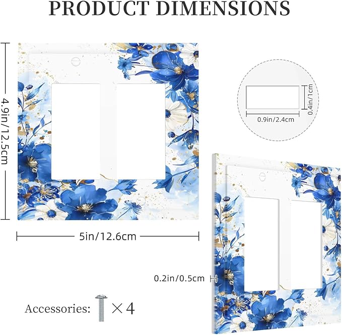 Klein Blue Flowers Watercolor Golden White Floral Decorative Outlet Covers 2 Gang Double GFCI Rocker Electrical Wall Panels Light Switch Cover Plate for Bedroom Living Room Decor