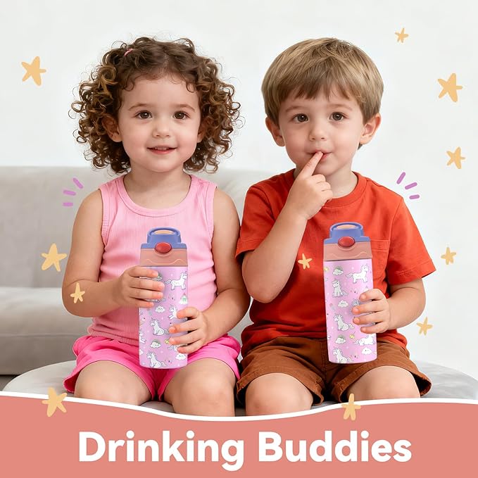 12oz Girl Water Bottle with Straw Lid & Handle - Unicorn Leak Proof Water Bottles Kids, Double-Wall Stainless Steel Pop-top Lid Pink Kids Insulated Bottles for School, Gift Cup for Kid