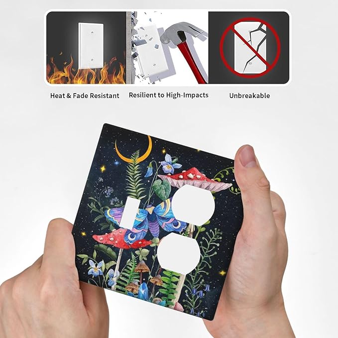 Decorative Fariy Tale Mushroom 2-Gang 1-Toggle 1-Duplex Combination Receptacle Wall Plate Boho Gothic Moth Hippie Moon Stars Butterfly Combo Device Toggle/Outlet Light Switch Faceplate Cover