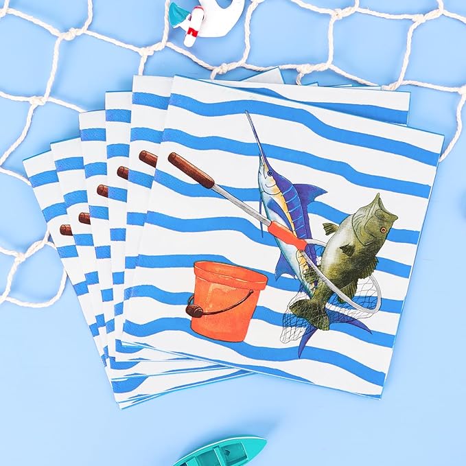 WERNNSAI Fishing Party Decorations - 48PCS Tropical Fish Birthday Party Decorations Fishing Plates Napkins Tablmeware Set for Boys Baby Shower Fisherman Birthday Party Decor Serves 16 Guests