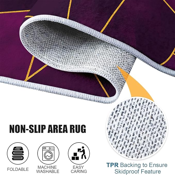 Dark Purple Area Rugs 2 x 3 ft Machine Living Room Washable Rugs, Geometric Gold Line Triangles Low-Pile Soft Non-Slip Carpet for Bedroom Dining Flannel Floormat