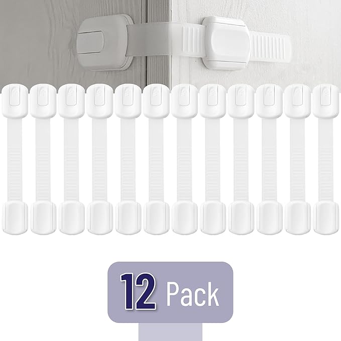 Bates- Child Safety Strap Locks, 12 Pack, White Baby Cabinet Locks, Toilet Locks Baby Proof, Child Proof Drawer Locks, Cabinet Baby Locks for Cabinets, Child Proof Cabinet Locks, Drawer Child Locks