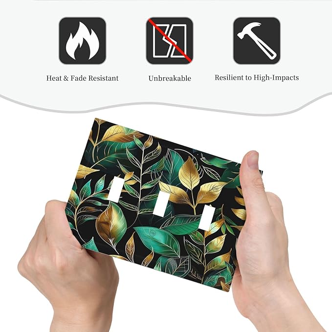 Decorative Switch Plates Vintage Dark Green Vine Leaf Golden Plants 3 Gang Wall Plate Triple Toggle Light Switch Cover Faceplate Electrical Wall Panels for Bed Room Cabin Decor