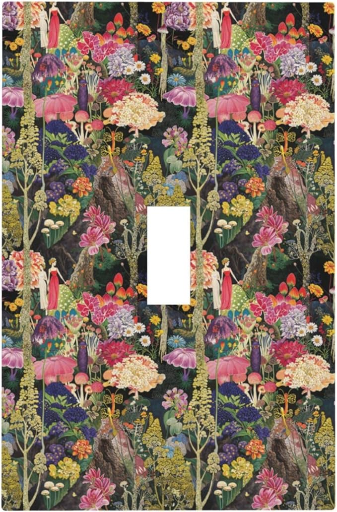 Dreamy Tropical Rainforest Colorful Mushroom Wildflower Decorative Light Switch Cover 1 Gang Single Toggle Device Electrical Faceplate Switchplates Decorator Outlet Wall Plate for Farmhouse Kids Room