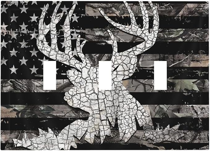 American Flag Forest Antler Deer Elk 3 Gang Light Switch Plate Decorative Triple Toggle Wall Plate Cover Electrical Faceplate for Bathroom Home Living Room Decorate
