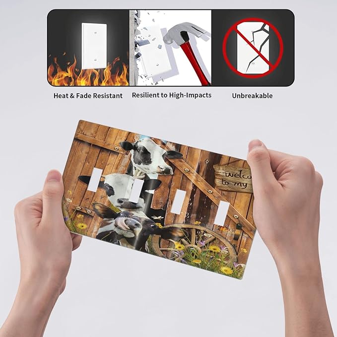 Decorative Switch Plate Covers Farm Cow Farmhouse Barn Door Rustic Vintage Wooden 4 Gang Device Light Switch Cover Country Wildlife Funny Quad Toggle Wall Plate Electrical Faceplate