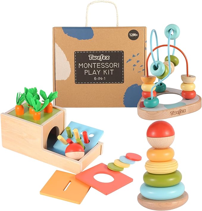 Twefex Wooden Montessori Learning Toys Kit,Babies Toys Set for 1 Year Old, Sensory and Thinking Play kit for Toddlers (Boys and Girls). 4 in 1 Drop Box; Rocking Stacker; Bead Maze.