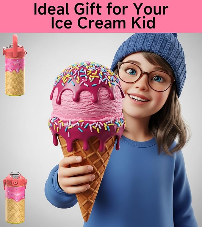 MYFOREST 14oz/400ml Insulated Kids Water Bottle, Odor-Free Surgical Grade Liner, Dishwasher-Safe, Name Spot, Soft Sipper, Gift for Sweet Tooth (Strawberry Ice Cream)