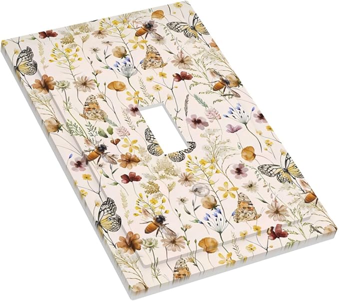 Vintage Butterflies Single Toggle Wall Plates Colorful Wildflower 1 Gang Light Switch Cover Cute Bees Switchplate Covers Decorative Beige Flower Leaves Dimmer Decor for Bedroom Kidroom