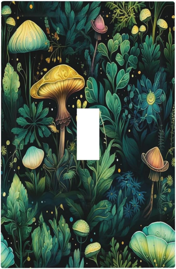 Green Dark Forest Mystical Mushroom 1 Gang Light Switch Covers Single Toggle Wall Plate Decorative Switchcover Electrical Switchplate for Country Bathroom Bedroom Kitchen Decor
