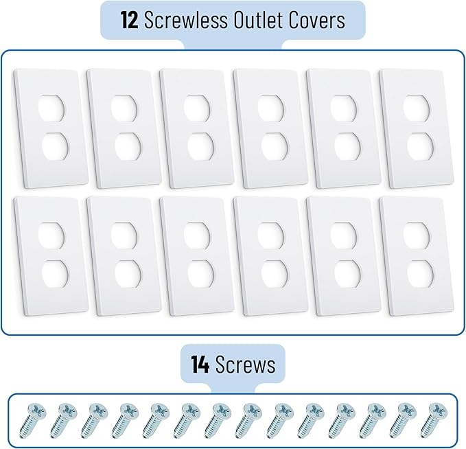 Bates- Screwless Duplex Wall Plate, 12 Pack, White, Screwless Wall Plate Cover, Electric Outlet Cover
