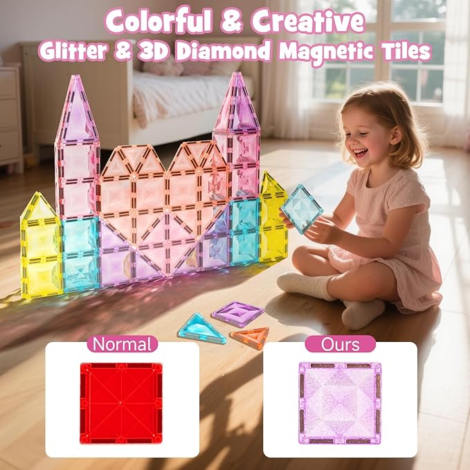 WMXDU Large Pastel Magnetic Tiles - 48 Pcs Macaron-Colored Glitter Magnetic Blocks with Travel Metal Storage Box - Diamond STEM Toys for Girls Ages 3-8 - Portable Sensory Building Set for Kids