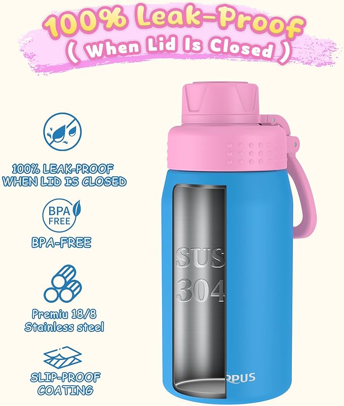 GOPPUS 15oz Kids Water Bottle with Spout Lid, Toddler Water Bottle, Stainless Steel Insulated Water Bottle, Leakproof, BPA Free, Suitable for Boys and Girls for School（Blue）