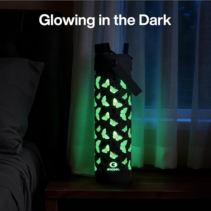 ENCOOL Insulated Water Bottle with Straw Stainless Steel Water Bottle, Glow in the Dark, Leak-Proof, BPA-Free, Keeps Cold for 24 Hours for Sports, Travel, School (26 oz, White Butterfly)