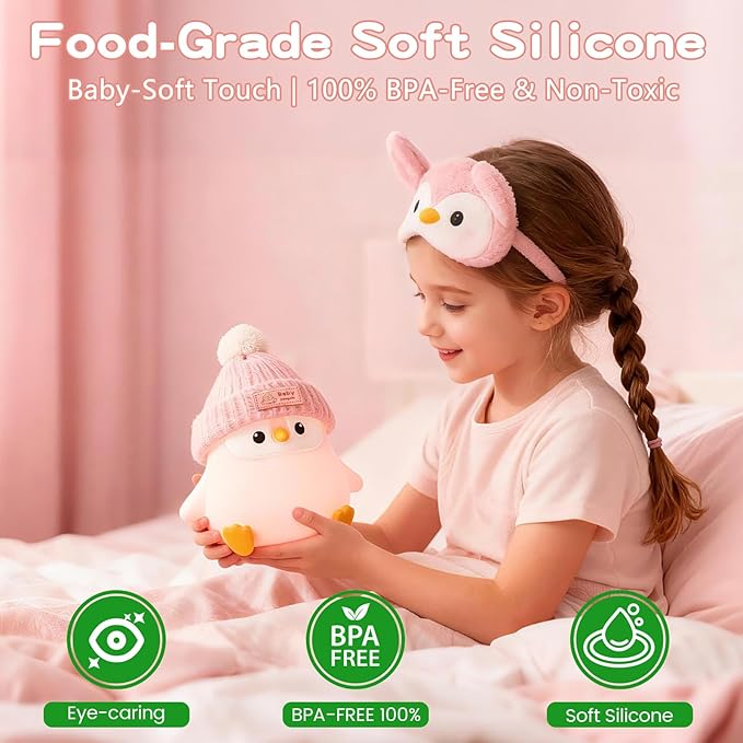 Penguin Silicone Night Light, Cute Pink Penguin Lamp with Hat, Nursery Nightlight for Baby , Rechargeable/Dimmable,LED Squishy Novelty Animal Bedside Touch Lamp,Funny Christmas Gifts for Kids/Girls