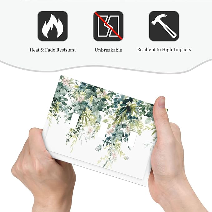 Colorful Plant Flower Sage Eucalyptus Leaves Decorative Switch Plates 3 Gang Wall Plate Triple Toggle Light Switch Cover Faceplate Electrical Wall Panels for Bedroom Living Room Decor