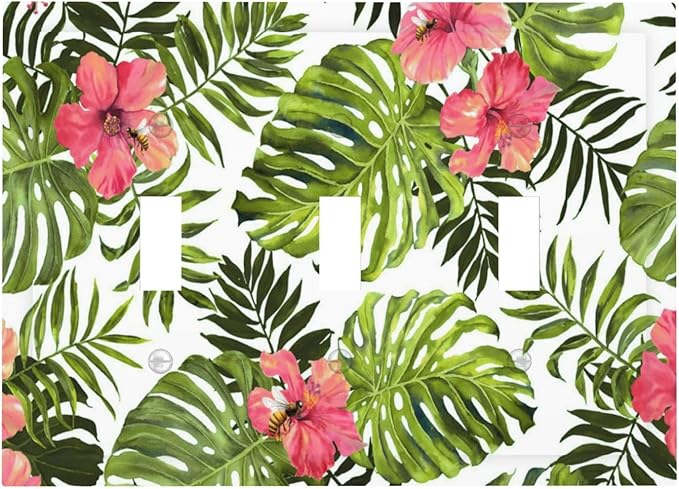 Tropical Plant Green Palm Triple Toggle Light Switch Cover 3 Gang Wall Plate Decorative Banana Leaves Pink Flower Rainfores Jungle Botanical Electrical Facplate for Bathroom Kitchen Home 6.7" x 4.8"