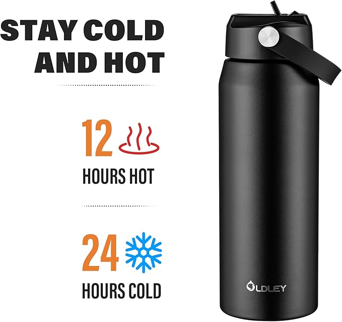 Oldley 24oz Insulated Water Bottle with Straw, Stainless Steel Water Bottle for Sports, Travel, School, BPA-Free Sports Bottles for Adult Kids, Leak-Proof, Black
