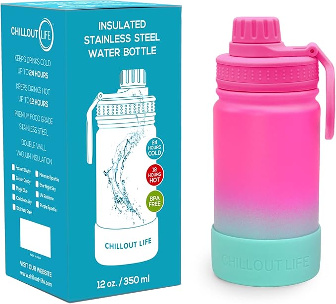 CHILLOUT LIFE 12 oz Kids Insulated Water Bottle for School with Leakproof Spout Lid and Cute Waterproof Stickers, Personalized Stainless Steel Thermos Flask Metal Water Bottle for Girls & Boys