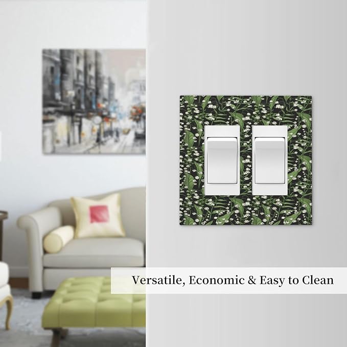 Boho Floral Green Leaves White Flowers Decorative Outlet Covers 2 Gang Double GFCI Rocker Electrical Wall Panels Light Switch Cover Plate for Farmhouse Bed Room Decor