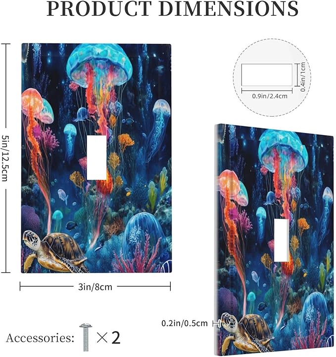 Jellyfish Sea Turtle Fantasy Ocean Coral Underwater World Decorative Light Switch Cover 1 Gang Single Toggle Device Electrical Faceplate Switchplates Decorator Outlet Wall Plate for Nursery Kids Room