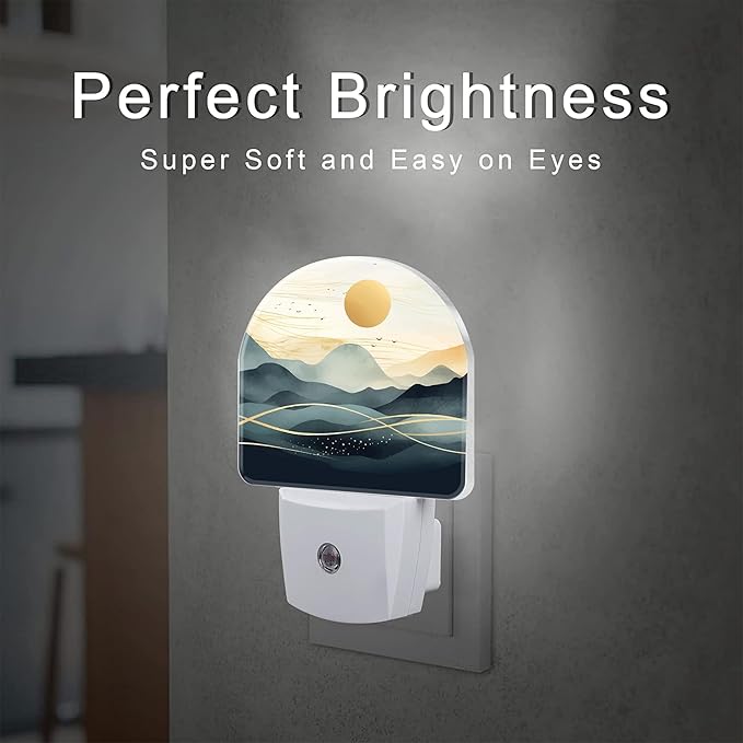 Golden Sun and Mountains Night Light for Kids,Watercolor Sunrise Sunset Mountain Plug in Night Light with Dusk to Dawn Sensor, 0.5w Energy Saving Nightlight for Hallway Stairway Kitchen Bedroom