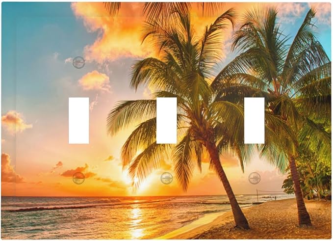 Light Switch Cover Sunset Beach Palm Tree Seascape 3 Gang Wall Plate Triple Light Switch Plate Tropical scenery Toggle Decorative Outlet Covers Electrical Switchplate for Bathroom Home Decor