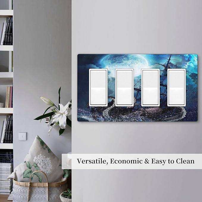 Moon Ocean Nautical Octopus 4 Gang Quad Rocker Light Switch Cover Plate Decorative Electric Faceplate Switchplate Living Room Bedroom Decorate Jumbo Screwless