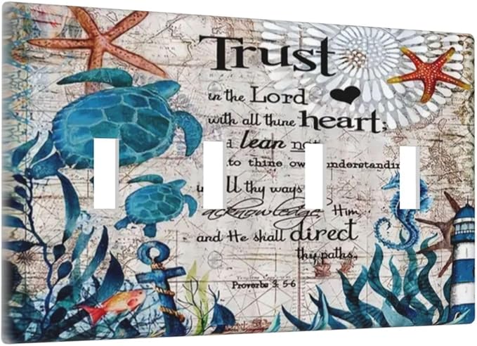 Nautical Sea Ocean Turtle Seahorse 4 Gang Device Light Switch Cover Decorative Quad Toggle Wall Plate Decorative Electrical Faceplate for Home Bedroom Art Decorate