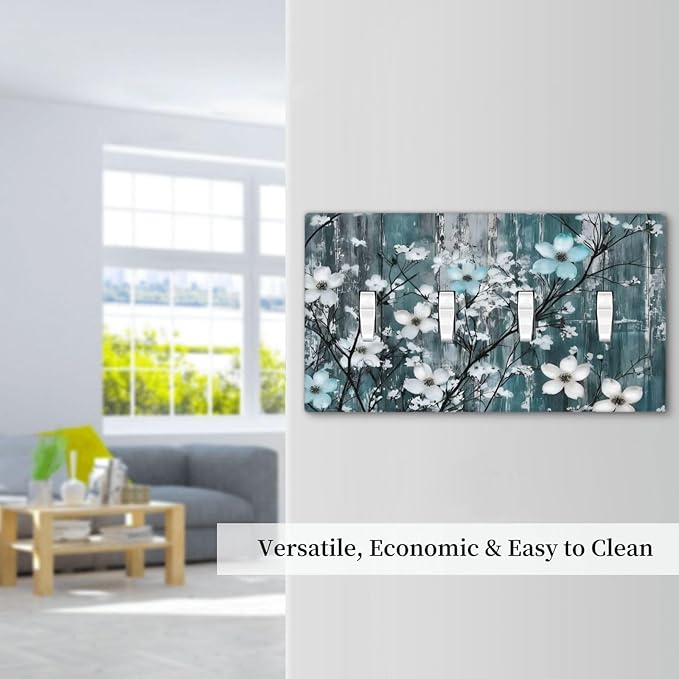 Rustic Blue Watercolor Flower Wooden Background Light Switch Covers Quad Toggle Electrical Faceplate 4 Gang Wall Plate Decorative Switch Plates for Bedroom Living Room Decor