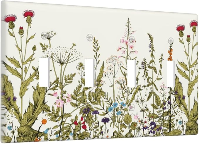Country Vintage Wild Flowers Boho Floral 4 Gang Quadruple Toggle Light Switch Plate and Outlet Covers, Colorful Wildflower Border Botany Quad Device Toggle Decorative Electrical Socket Face Wall Plate