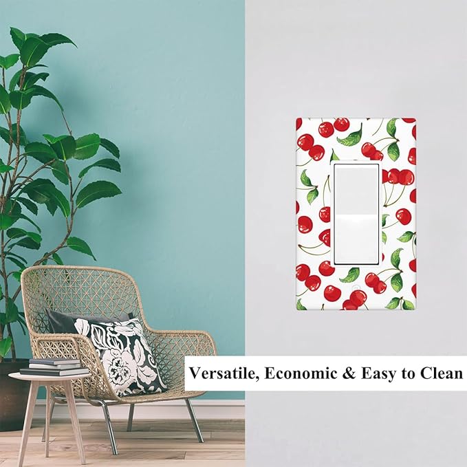 Red Cherries Single Rocker Light Switch Cover, Red Cherries Green Leaves 1-Gang Decorator Wall Plate 4.5 x 2.76 Inch for Kitchen Home Decor