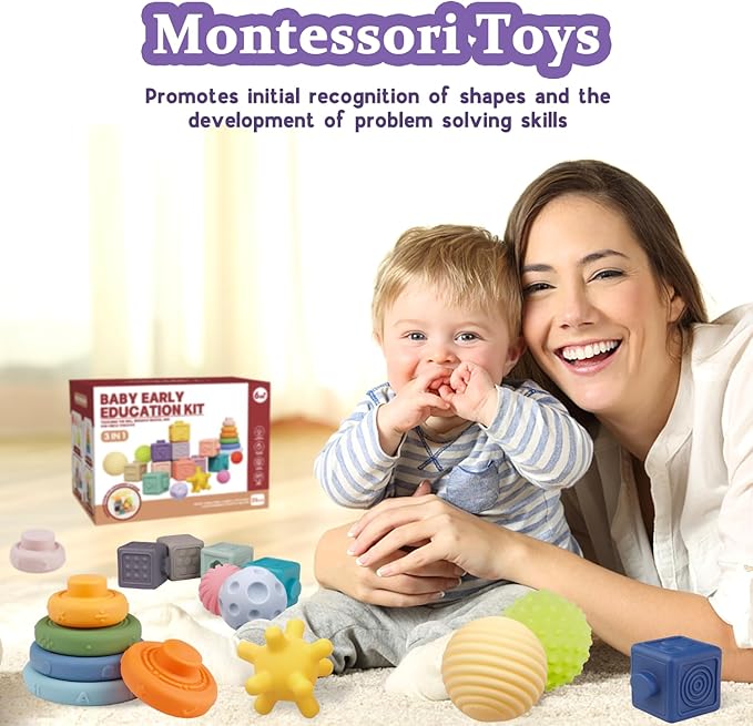 Montessori Baby Toys - Soft Baby Blocks, Stacking Rings & Sensory Balls, 24Pcs 3-in-1 Teething Toys Set for Babies 6-12 Months, Building Blocks Easter Birthday for Boys Girls