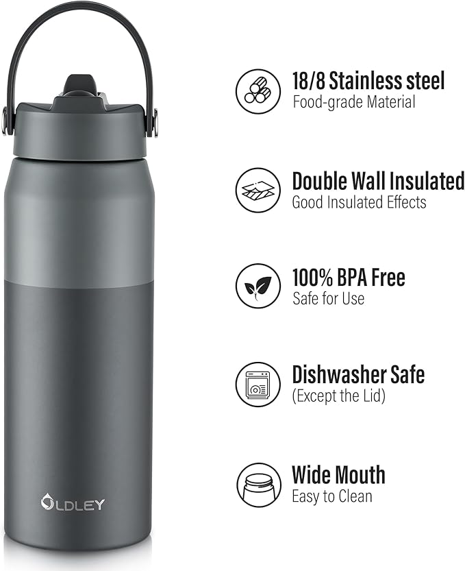 Oldley 24oz Insulated Water Bottle with Straw, Stainless Steel Water Bottle for Sports, Travel, School, BPA-Free Sports Bottles for Adult Kids, Leak-Proof, Cool-Deep Gray Layering