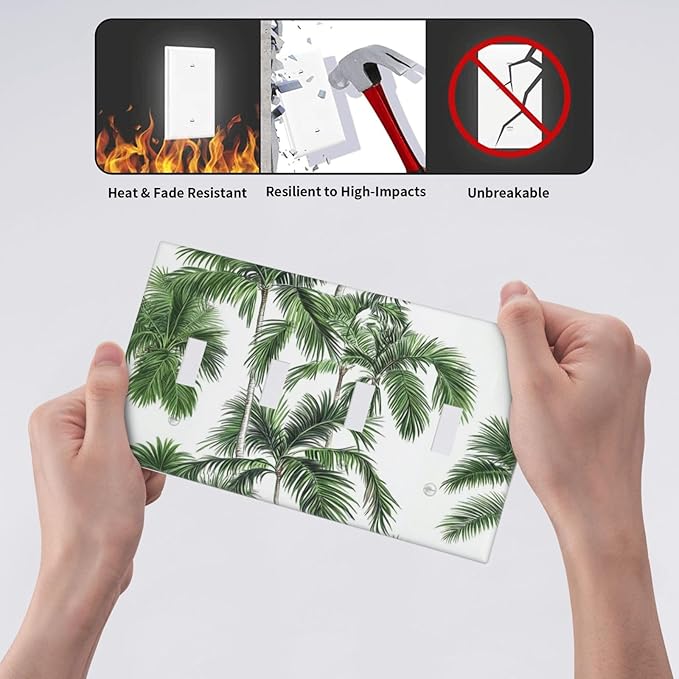 Light Switch Covers Palm Trees Tropical Green Plant Palm Leaf Quad Toggle Electrical Faceplate 4 Gang Wall Plate Decorative Switch Plates For Bed Room Bathroom Decor