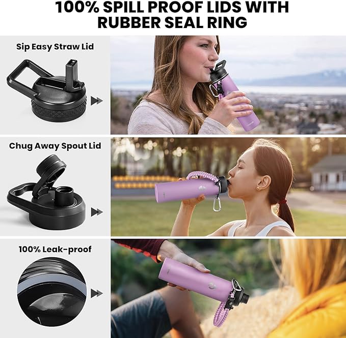 RAYMYLO Insulated Water Bottle 24oz, Triple Wall Vacuum Stainless Steel (Cold for 24Hrs, Hot for 12Hrs), Leak Proof & Non-BPA, 24oz Hydro Water Flask with Paracord Handle & Straw Spout Lids