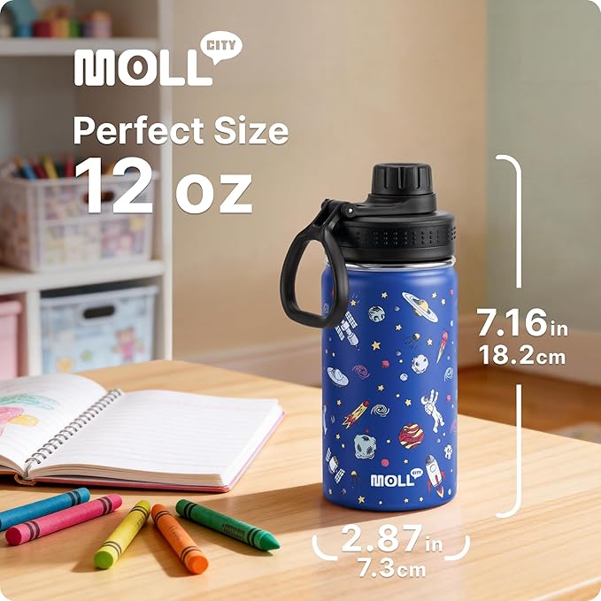 12 oz Stainless Steel Vacuum Insulated Wide Mouth Sports Water Bottle - Kids Metal Water Flask for School, BPA-Free-Astronaut