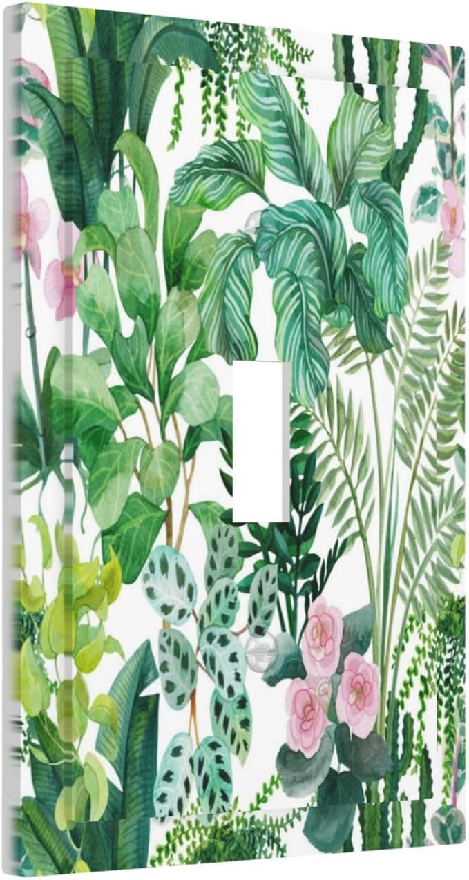 Tropical Palm Leaves Green Jungle Botanical Floral Flowers Decorative Light Switch Cover 1 Gang Single Toggle Device Electrical Faceplate Switchplates Decorator Outlet Wall Plate for Bedroom Home