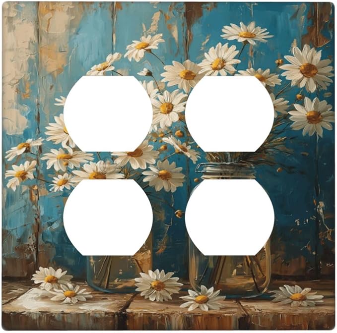 Delicate White Daisy Jars Retro Wood Background Outlet Covers 2 Gang Double Duplex Decorative Light Switch Covers Electrical Wallplates Socket Faceplate for Farmhouse Home Decor