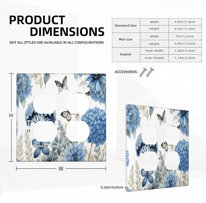Blue Floral Hydrangea Floral Butterfly Flower Plant Outlet Covers 2 Gang Double Duplex Decorative Light Switch Covers Electrical Wallplates Socket Faceplate for Bedroom Living Room Decor