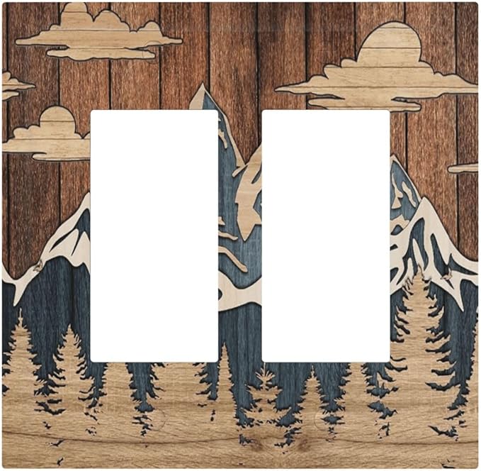 Blue Mountain Range Forest Nature Wilderness Wood Texture Decorative Outlet Covers 2 Gang Double GFCI Rocker Electrical Wall Panels Light Switch Cover Plate for Farmhouse Home Decor