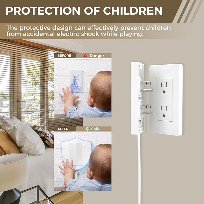 SakerPlus Outlet Concealer Power Strip-Outlet Cover Extender with 3AC Outlets-8ft Flat Plug Extension Cord,Universal Size,1625W for Kitchen, Home and Office,Child & Pet Safe(Dual 8 Foot)