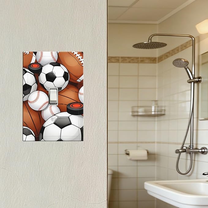 All-Star Sports Balls Collage 1-Gang Toggle Light Switch Plate, Football Baseball Soccer Game Day Themed Decorative Wall Plate for Boy's Bedroom
